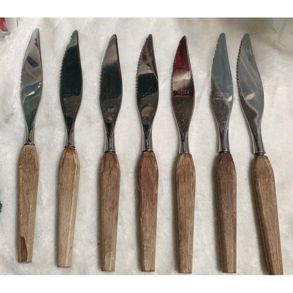 Vintage Fleetwood Designs Wood Handle Stainless Steel Knives Set/7 MCM